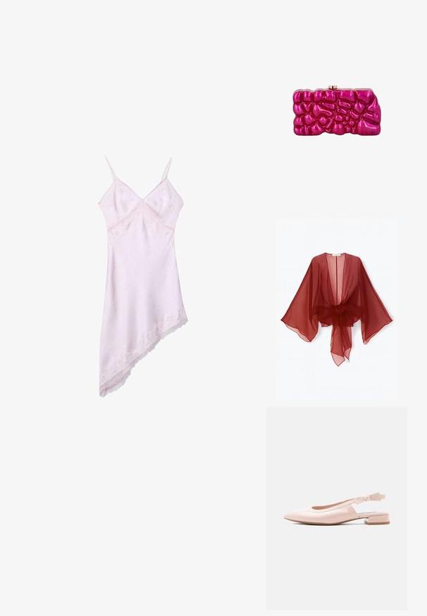 Kimono transparent bordeaux avec manches larges, devant ouvert et taille ceinturée. Tissu léger avec une texture douce et fluide.; Robe nuisette asymétrique rose clair avec fines bretelles et bordure en dentelle au niveau du décolleté et de l'ourlet.; Chaussure plate à bride arrière brillante rose pâle avec petit talon carré et bride réglable de marque sur fond clair.; Pochette rectangulaire rose brillante avec un motif texturé irrégulier en relief et un petit fermoir doré sur le dessus sur fond blanc.