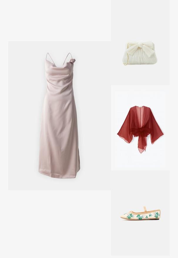 Kimono transparent de culoare burgundy, cu mâneci largi, partea din față deschisă și talie legată. Țesătură ușoară cu o textură moale și fluidă.; Roșie din satin în roz pal cu bretele subțiri și decolteu drapat, având o accentuare din trandafir pe umărul stâng.; Balerini bej, cu vârf ascuțit, o singură curea și broderie florală verde și albastru deschis pe părțile laterale transparente.; Pouch alb cu pliuri, având un detaliu proeminent sub formă de funda și o curea de aur. Textură moale cu un design strâns în partea din față.