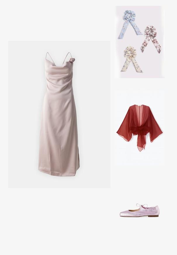 Kimono transparente de color burdeos con mangas anchas, parte frontal abierta y cintura atada. Tela ligera con una textura suave y fluida.; Vestido de satén en color rosa pálido con tirantes finos y un escote drapeado, que presenta un adorno de rosa en el hombro izquierdo.; Bailarinas de cuero rosa metálico con puntera redondeada, tacón bajo de madera y lazo fino atado sobre el empeine.; Tres accesorios para el cabello de tela: azul claro con estampados florales, beige suave con flores y rosa con diseños florales, cada uno con cintas de raso.