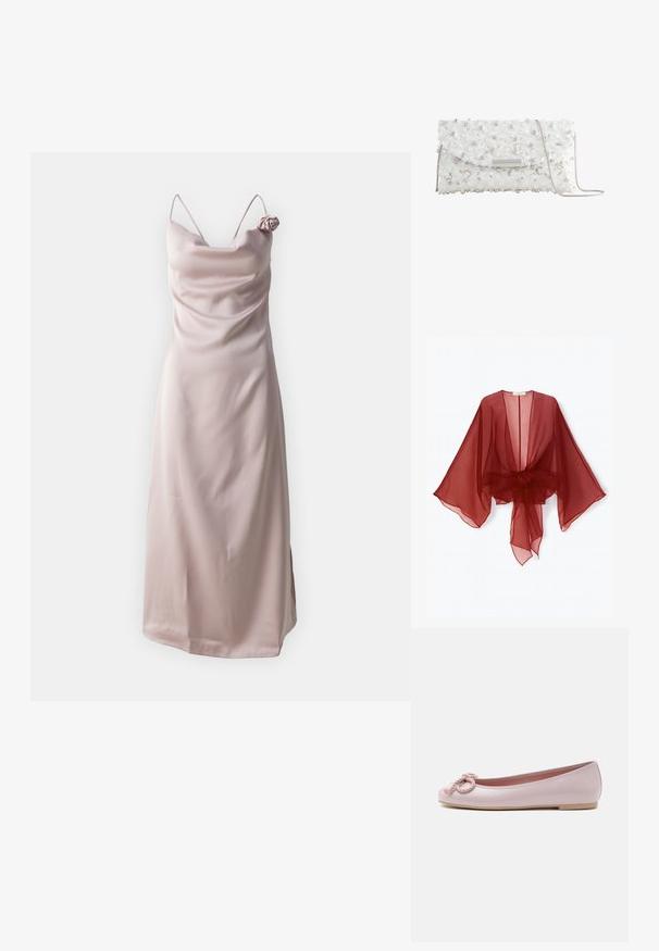 Gennemsigtig burgundy kimono-style slå-om med brede ærmer, åben front og bundet talje. Letvægtsstof med en blød, flydende tekstur.; Satin sundress i lys pink med tynde stropper og en draperet halsudskæring, prydet med en roseaccent på venstre skulder.; Lyserød lakballerina med rundet tå, snoet snøre sløjfe foran og lav beige sål på hvid baggrund.; Hvid aftentaske pyntet med perler, palietter og små krystaller, med sølvspænde og en tynd sølvkæde.