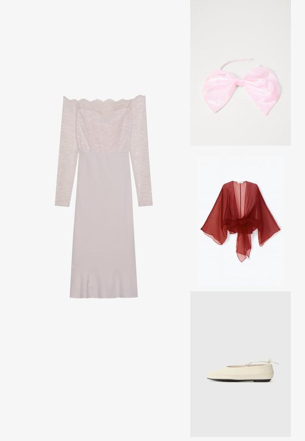 Gennemsigtig burgundy kimono-style slå-om med brede ærmer, åben front og bundet talje. Letvægtsstof med en blød, flydende tekstur.; Off-shoulder langærmet kjole lavet af lyserød blonde og glat stof, med en fladret kant og intrikate blonder detaljer ved livstykket.; Cremefarvede flade sko med rund tå, ankelrem og kontrasterende sort gummisål. Glat materiale med minimal detaljer.; Lyserød, blank hårtilbehør formet som en stor sløjfe, med en glat overflade og et tyndt bånd til at sikre den på plads.