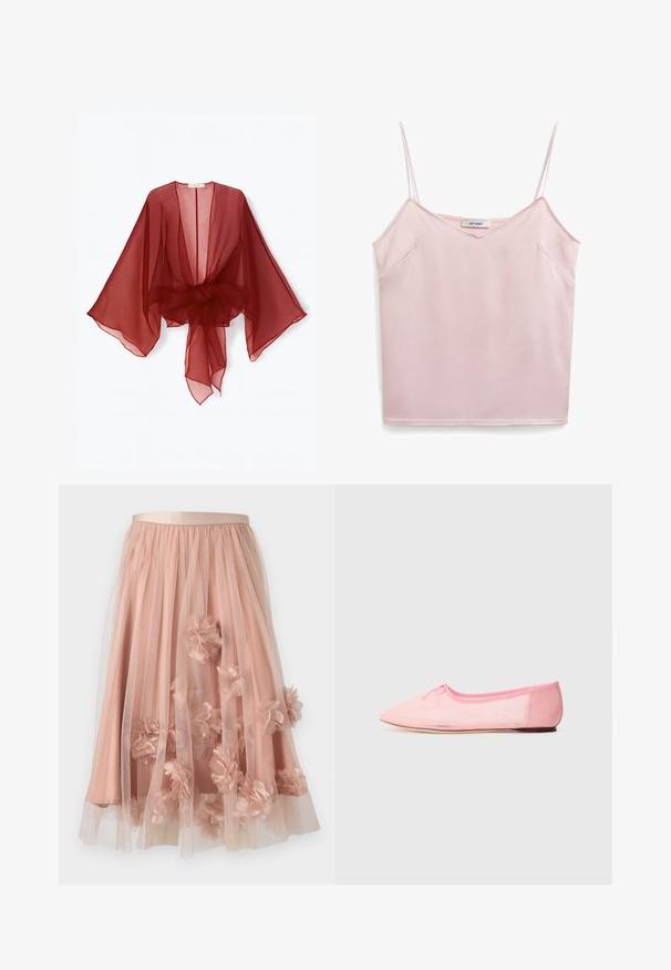 Kimono transparent de culoare burgundy, cu mâneci largi, partea din față deschisă și talie legată. Țesătură ușoară cu o textură moale și fluidă.; Top roz fără mâneci, cu bretele subțiri, decolteu în V, textură moale și două buzunare laterale. Eticheta spune "IVY OAK". Design simplu și curat.; Fustă din tulle roz pal cu talie din satin. Prezintă straturi de material transparent și aplicații florale tridimensionale pe toată suprafața.; Balerină roz din material moale, cu vârful ascuțit și un detaliu mic sub formă de funda pe partea superioară, având o talpă joasă și flexibilă.