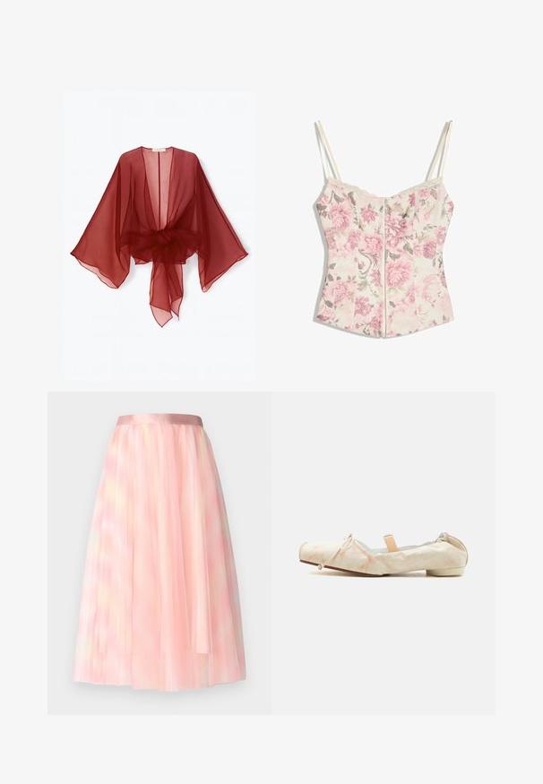 Gennemsigtig burgundy kimono-style slå-om med brede ærmer, åben front og bundet talje. Letvægtsstof med en blød, flydende tekstur.; Blomstret korsethals-top med pinke blomster og grønne blade på cremefarvet baggrund, tynde cremefarvede stropper og blondekant langs halsudskæringen.; Ida Sjöstedt FLAWLESS SKIRT - A-snit nederdel - pink; Beige blødt stof balletsko med lav hæl, elastisk bagpå, sløjfedetalje på tåen og en ferskenfarvet elastisk rem over vristen.