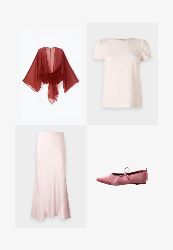 Gennemsigtig burgundy kimono-style slå-om med brede ærmer, åben front og bundet talje. Letvægtsstof med en blød, flydende tekstur.; Lys pink kortærmet top med et tekstureret, blomstermønster og rund halsudskæring. Fremstillet af et blødt, delikat stof.; Lyserød satin midi-nederdel med A-formet silhuet og fine diagonale sømdetaljer på en ensfarvet baggrund.; Lyserød fløjl balletflat med spids tå, tynd sål og bundet sløjfe på toppen.