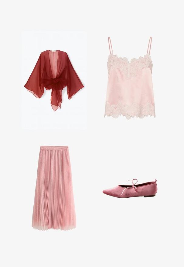 Kimono transparente de color burdeos con mangas anchas, parte frontal abierta y cintura atada. Tela ligera con una textura suave y fluida.; Camisola de satén rosa claro con ribete de encaje blanco a lo largo del escote y el dobladillo, con tirantes finos y ajustables.; Falda midi plisada rosa con una capa inferior de encaje y cinturilla fruncida, mostrada sobre un fondo blanco.; Bailarina de terciopelo rosa con puntera puntiaguda, suela fina y lazo atado en la parte superior.