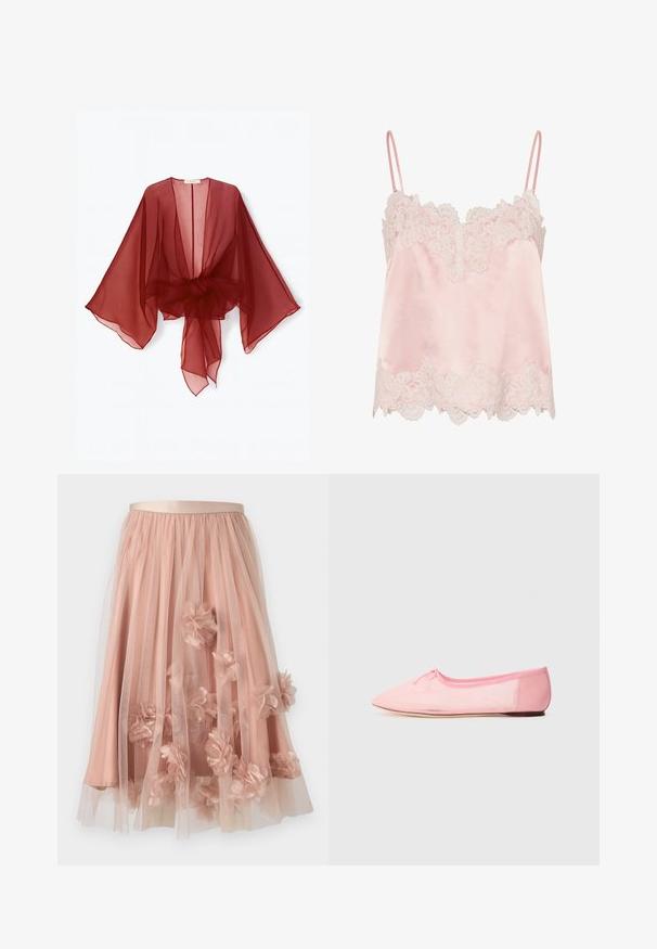 Kimono transparente de color burdeos con mangas anchas, parte frontal abierta y cintura atada. Tela ligera con una textura suave y fluida.; Camisola de satén rosa claro con ribete de encaje blanco a lo largo del escote y el dobladillo, con tirantes finos y ajustables.; Falda de tul en rosa suave con cinturilla de satén. Cuenta con tela transparente en capas y apliques florales tridimensionales por toda la prenda.; Bailarina rosa hecha de tejido suave, con punta afilada y un pequeño lazo en la parte superior, además de una suela baja y flexible.