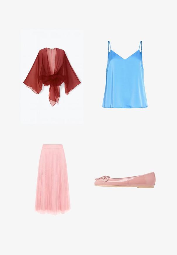 Kimono transparent bordeaux avec manches larges, devant ouvert et taille ceinturée. Tissu léger avec une texture douce et fluide.; Haut caraco en satin bleu clair avec fines bretelles réglables et léger décolleté en V.; zero MIT PLIESSENDEM BECHER - Jupe plissée - bridal rose; Ballerines en cuir verni rose avec un bout arrondi, détail en corde à l'avant et semelle en caoutchouc beige. Fini lisse et brillant sur l'ensemble.