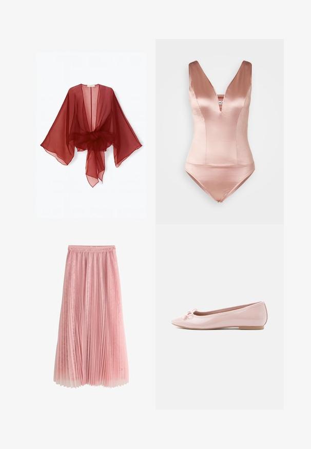 Gennemsigtig burgundy kimono-style slå-om med brede ærmer, åben front og bundet talje. Letvægtsstof med en blød, flydende tekstur.; Lyserød satin svømmedragt med en dyb V-hals og brede skulderstropper. Har en tætsiddende bodice og kort bunden cut. Glat tekstur.; Rosa plisseret midi-nederdel med et lag af blonder under og en rynket talje, vist på en hvid baggrund.; Rosa lakballetsko med spids tå og en dekorativ sløjfe foran. Har en flad sål og sømløst design.