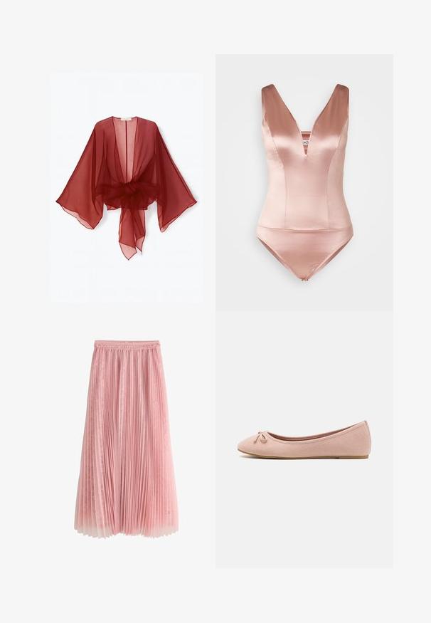 Gennemsigtig burgundy kimono-style slå-om med brede ærmer, åben front og bundet talje. Letvægtsstof med en blød, flydende tekstur.; Lyserød satin svømmedragt med en dyb V-hals og brede skulderstropper. Har en tætsiddende bodice og kort bunden cut. Glat tekstur.; Rosa plisseret midi-nederdel med et lag af blonder under og en rynket talje, vist på en hvid baggrund.; Ballet flats lavet af blødt lyserødt ruskind med en rund tå og en lille sløjfedetail foran, samt en lav flad sål.