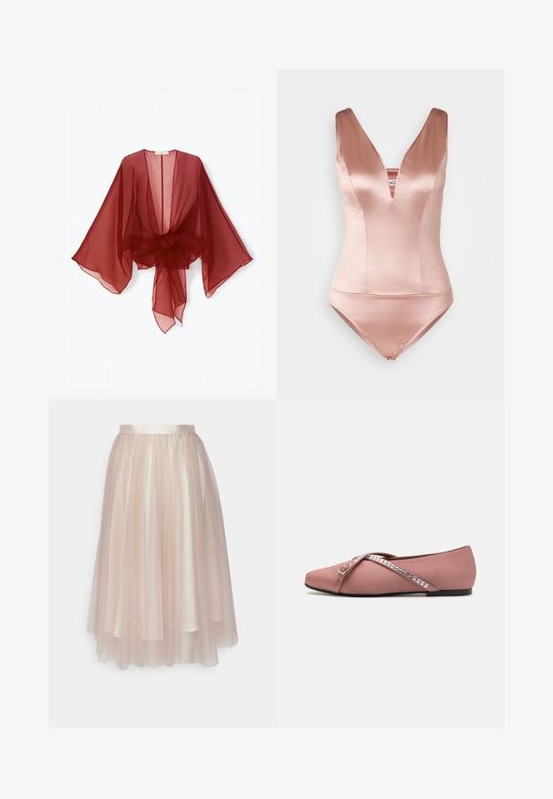 Doorzichtige bordeauxrode kimono-stijl wikkel met brede mouwen, open voorkant en een tailleband om te strikken. Lichtgewicht stof met een zachte, vloeiende textuur.; Roze satijnen badpak met een diepe V-halslijn en brede schouderbanden. Heeft een aansluitend bovenstuk en een korte broeksnit. Zachte textuur.; Ida Sjöstedt FLAWLESS SKIRT - A-lijn rok - warm beige; Ballet flats in zacht rozen satijn met een kruisbandontwerp versierd met vierkante zilveren accenten en een ronde neus. Lage zwarte zool.
