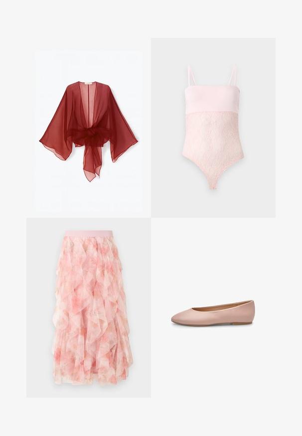 Gennemsigtig burgundy kimono-style slå-om med brede ærmer, åben front og bundet talje. Letvægtsstof med en blød, flydende tekstur.; Lyserød blondebody med spaghettistropper og en glat topsektion mod en ensfarvet lys baggrund.; Pink lagdelt tyll midi nederdel med blomsterprint og elastisk taljebånd, med bløde flæseteksturer.; Lyserød ballerina i læder med spids tå, glat tekstur, få detaljer og en solid lys brun sål. Enkelt design uden pynt.