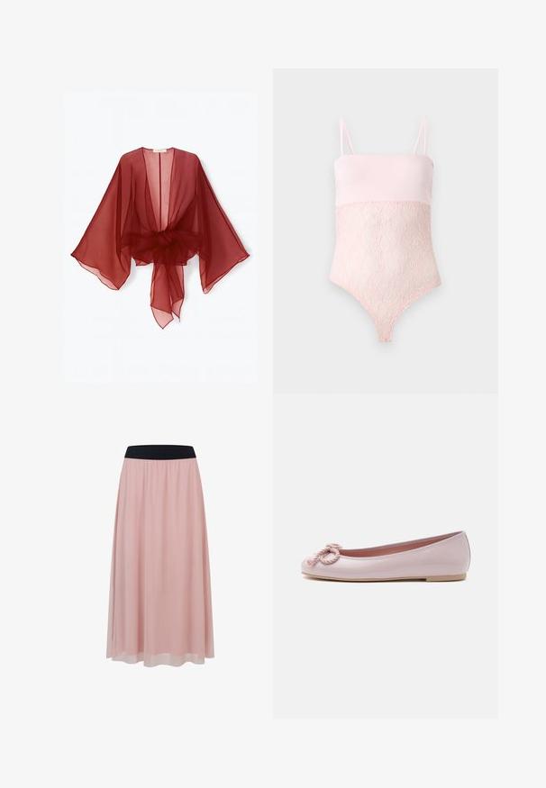 Kimono transparente de color burdeos con mangas anchas, parte frontal abierta y cintura atada. Tela ligera con una textura suave y fluida.; Body de encaje rosa claro con tirantes finos y una parte superior lisa sobre un fondo liso y claro.; Falda rosa hasta el tobillo con una capa exterior transparente y una amplia cinturilla elástica negra.; Bailarina plana de charol rosa claro con puntera redondeada, lazo de cordón trenzado en la parte delantera y suela baja beige sobre fondo blanco.