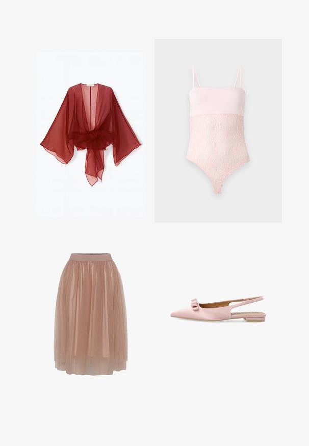 Gennemsigtig burgundy kimono-style slå-om med brede ærmer, åben front og bundet talje. Letvægtsstof med en blød, flydende tekstur.; Lyserød blondebody med spaghettistropper og en glat topsektion mod en ensfarvet lys baggrund.; Tylleskørt i en blød nude farve med et tætsiddende elastisk liv, der har lag af gennemsigtigt, let stof og en glat tekstur.; Lyserød spids flad slingback-sko med en lille hæl og dekorativ dobbelt sløjfe på tåen.