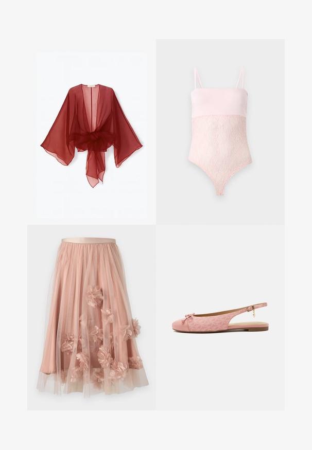 Kimono transparent bordeaux avec manches larges, devant ouvert et taille ceinturée. Tissu léger avec une texture douce et fluide.; Body en dentelle rose clair avec bretelles spaghetti et une partie supérieure lase sur un fond clair uni.; Jupe en tulle rose pâle avec une ceinture en satin. Comprend plusieurs couches de tissu transparent et des appliqués floraux en trois dimensions sur toute la surface.; Chaussure slingback plate rose avec tissu texturé, nœud sur l’orteil arrondi, bride de cheville avec boucle dorée et breloque, et semelle basse marron.