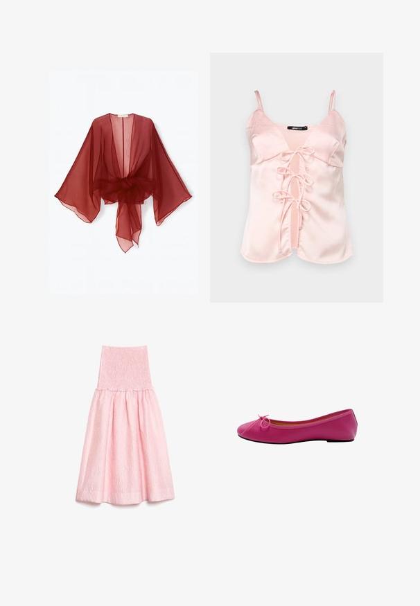 Kimono transparente de color burdeos con mangas anchas, parte frontal abierta y cintura atada. Tela ligera con una textura suave y fluida.; Top de satén rosa con tirantes ajustables, que presenta un cierre frontal con lazo y un diseño con escote en V. Textura suave y líneas limpias.; Falda midi rosa claro con tejido texturizado, cintura alta fruncida y dobladillo acampanado recogido.; Bailarina rosa con parte superior sintética suave, puntera redondeada y un pequeño lazo como acento. Suela de goma de perfil bajo.