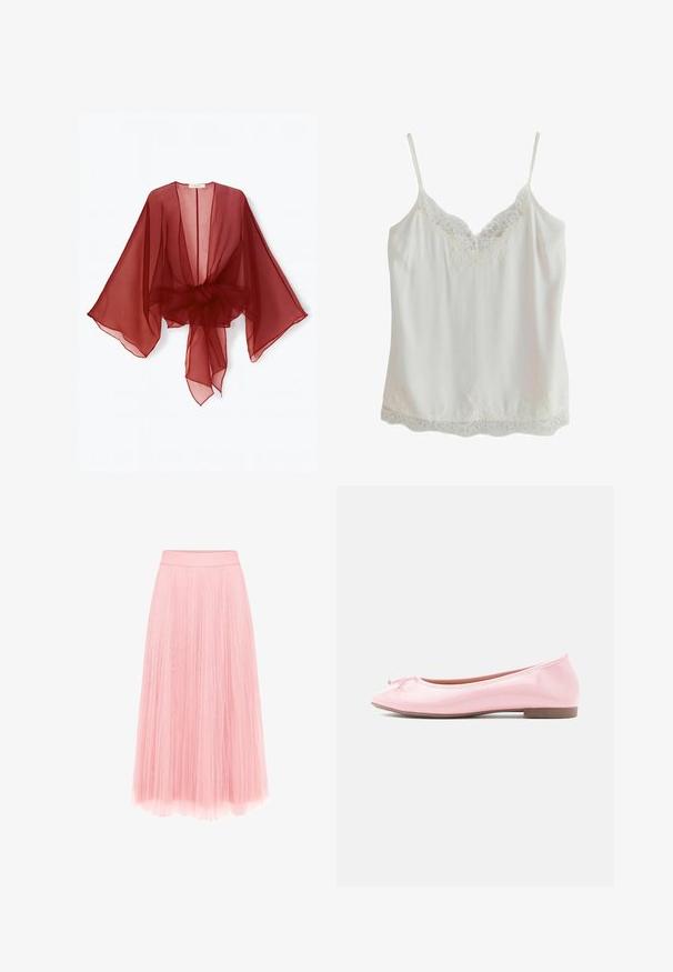 Gennemsigtig burgundy kimono-style slå-om med brede ærmer, åben front og bundet talje. Letvægtsstof med en blød, flydende tekstur.; Hvid ærmeløs camisole med tynde stropper og blondekant på udskæringen og kanten, lavet af glat stof.; zero MIT PLIESSENDEM BECHER - Pliceret nederdel /Nederdele med folder - bridal rose; Lyserød laklæder balletflad sko med rundet tå og lille sløjfedetalje foran. Flad sål og glat tekstur.
