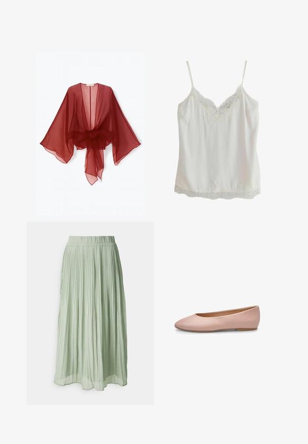 Kimono transparent bordeaux avec manches larges, devant ouvert et taille ceinturée. Tissu léger avec une texture douce et fluide.; Camisole blanche sans manches avec fines bretelles et bordure en dentelle au niveau de l'encolure et de l'ourlet, fabriquée en tissu lisse.; Jupe midi plissée en tissu vert clair avec une texture douce. Taille élastique, design fluide et léger éclat partout.; Ballerine plate en cuir rose avec un bout pointu, une texture lisse, des accents minimaux et une semelle solide marron clair. Design simple, sans ornements.