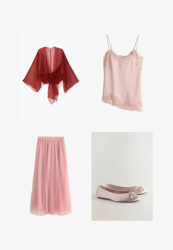 Doorzichtige bordeauxrode kimono-stijl wikkel met brede mouwen, open voorkant en een tailleband om te strikken. Lichtgewicht stof met een zachte, vloeiende textuur.; Lichtroze satijnen hemdje met bloemige kanten afwerking aan de halslijn, zoom en zijkanten, met dunne verstelbare schouderbandjes.; Roze geplooide midi-rok met een kanten onderlaag en een geplooide tailleband, getoond op een witte achtergrond.; Roze satijnen balletschoenen met een ronde neus, decoratieve strik en parelaccent. Platte zool met een gladde textuur en een laag profiel.