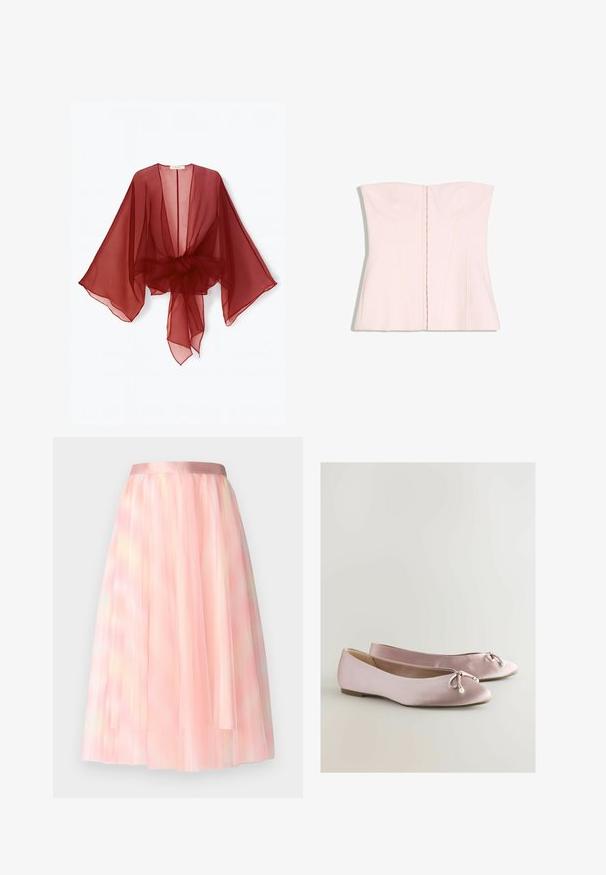 Gennemsigtig burgundy kimono-style slå-om med brede ærmer, åben front og bundet talje. Letvægtsstof med en blød, flydende tekstur.; Lys rosa stropløs korsettop med strukturerede skåle og vertikale sømme, vist fladt på en hvid baggrund.; Ida Sjöstedt FLAWLESS SKIRT - A-snit nederdel - pink; Lyserøde satin balletflade sko med en rund tå, dekorativ sløjfe og perleaccent. Flad sål med en glat overflade og lav profil.