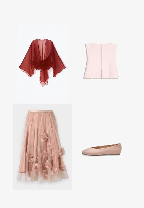 Gennemsigtig burgundy kimono-style slå-om med brede ærmer, åben front og bundet talje. Letvægtsstof med en blød, flydende tekstur.; Lys rosa stropløs korsettop med strukturerede skåle og vertikale sømme, vist fladt på en hvid baggrund.; Tylskørt i blød lyserød med satinbånd i taljen. Har lag af gennemsigtigt stof og tredimensionelle blomsterapplikationer over det hele.; Lyserød ballerina i læder med spids tå, glat tekstur, få detaljer og en solid lys brun sål. Enkelt design uden pynt.