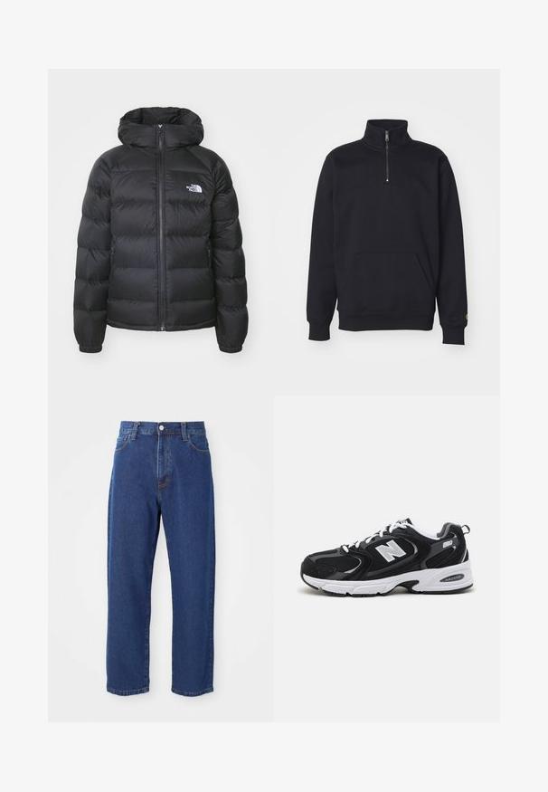 Sort dunjakke med hætte, med lynlåslukning fortil, elastiske håndled og et logo på venstre bryst. Den quiltede tekstur øger isoleringen.; Sort fleece sweatshirt med kvart lynlås, høj krave, ribbede manchetter, kengurulomme og en lille guld logo accent på ærmet.; Høj taljede blå jeans i denim, med lige ben silhuet, synlige stikninger og en frontknaplukning.; Sorte og grå sportssko med mesh og ruskind på overdelen, der har en hvid mellemsål, snørebånd og et iøjnefaldende "N" logo på siden.