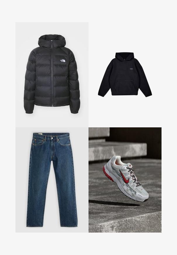 Sort dunjakke med hætte, med lynlåslukning fortil, elastiske håndled og et logo på venstre bryst. Den quiltede tekstur øger isoleringen.; Sort fleece hoodie med en kengurulomme og et lilla logo på venstre brystområde. Klassisk hætte-design, tekstureret stof.; Mørkeblå denimjeans med lige ben. Har fem lommer, kobbernitter og knappelukning. Glat tekstur med syningsdetaljer.; Hvid og grå Nike løbesko med røde accenter og sorte snørebånd, ophængt over grå beton-trin.