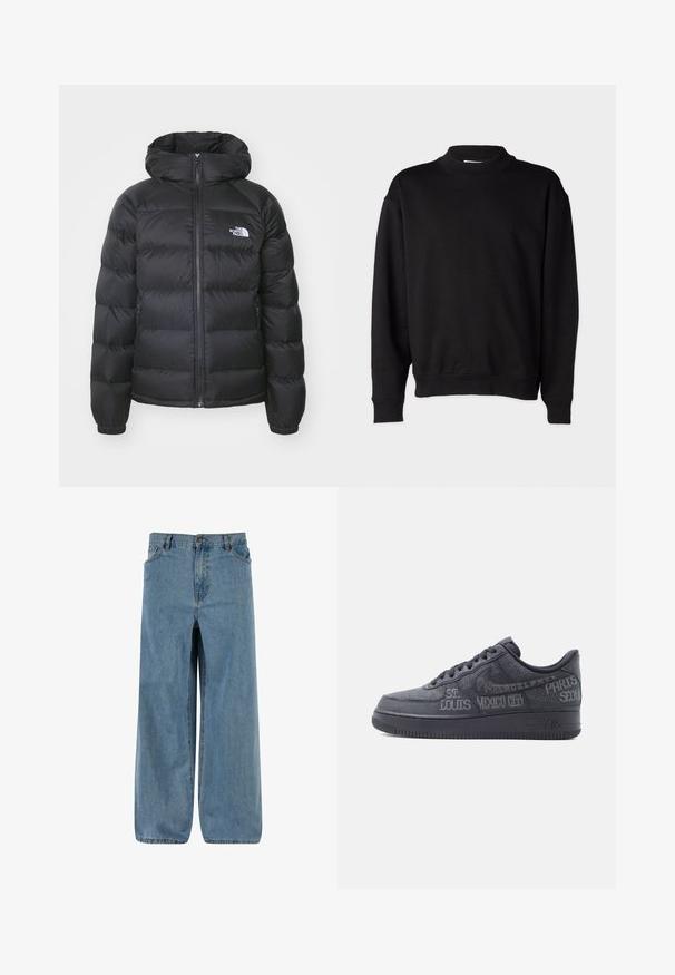 Sort dunjakke med hætte, med lynlåslukning fortil, elastiske håndled og et logo på venstre bryst. Den quiltede tekstur øger isoleringen.; Sort sweatshirt med høj, ribbet krave, lange ærmer og en afslappet pasform. Blød tekstur med ribbede manchetter og kant.; Denim bredde ben bukser i lys blå. Har en knap- og lynlåslukning, fem lommer og en falmet tekstur for et klassisk look.; Sort lavt sneakers med prægede bynavne som St. Louis, Mexico City, Paris og Seoul på læderoverdelen og sålen.