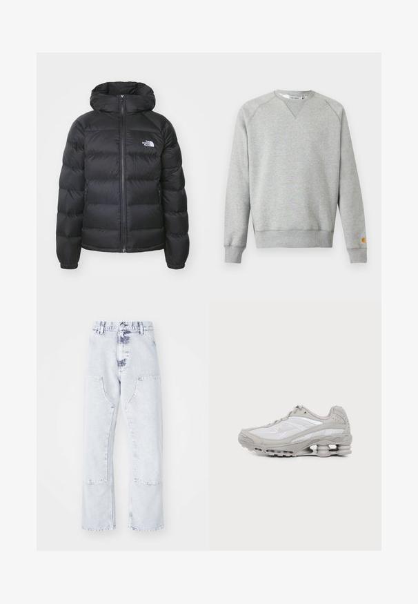 Sort dunjakke med hætte, med lynlåslukning fortil, elastiske håndled og et logo på venstre bryst. Den quiltede tekstur øger isoleringen.; Lysegrå crewneck sweatshir t med lange ærmer, ribbede manchetter og kant, samt lille logo patch på venstre ærmekant.; Lys blå denim straight-leg jeans med patchlommer, høj talje og en falmet overflade. Har tonede syninger og en afslappet pasform.; Grå og hvid atletiksko med mesh-paneler, snørelukning og en unik fjedrende sål til stødabsorbering og støtte.