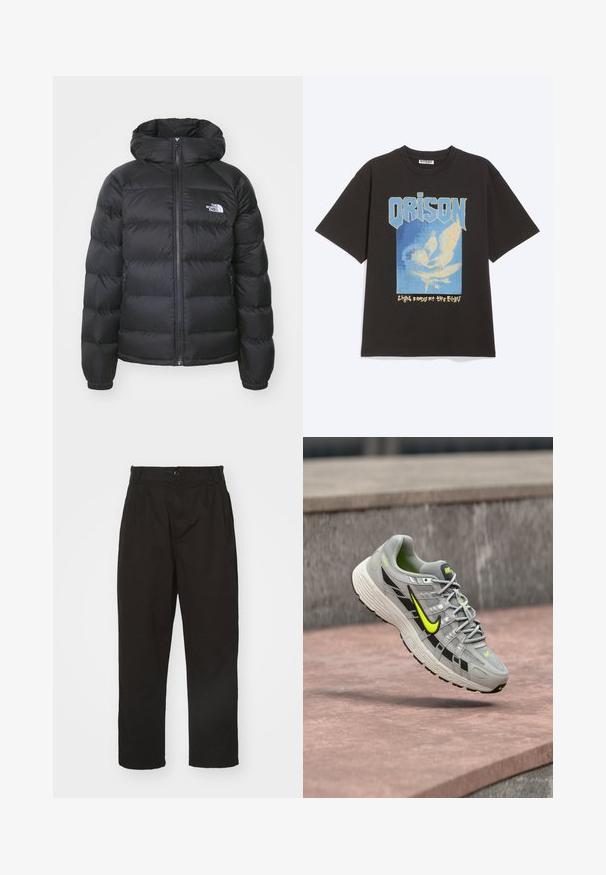 Schwarze Pufferjacke mit Kapuze, ausgestattet mit einem Reißverschluss vorne, elastischen Bündchen und einem Logo auf der linken Brust. Die gesteppte Textur verbessert die Isolierung.; Schwarzes T-Shirt mit kurzen Ärmeln mit blauer und beiger Grafik von Flügeln und dem Text „ORISON“ und „Leicht ausgefranste Ränder“ auf der Vorderseite.; Schwarze Hose aus glattem Stoff, mit Knopfverschluss, geradem Schnitt und zwei vorderen Falten für zusätzlichen Detail.; Grauer Nike-Laufschuh mit schwarzen und neon-gelben Akzenten, schwebt in der Luft über einer strukturierten Betonoberfläche.