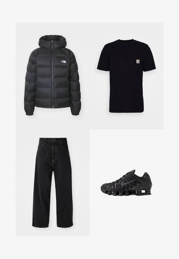 Sort dunjakke med hætte, med lynlåslukning fortil, elastiske håndled og et logo på venstre bryst. Den quiltede tekstur øger isoleringen.; Sort bomulds T-shirt med korte ærmer, rund hals og en brystlomme, der har et lille, kvadratisk logo-patch. Enkel, ensfarvet design.; Sorte denim jeans med vide ben og høj talje, frontknap, lynlås samt gule syninger på lommer og sømme.; Sorte atletikskoser lavet af mesh og syntetiske materialer, med et karakteristisk bølget design, sort gummisål og reflekterende detaljer.