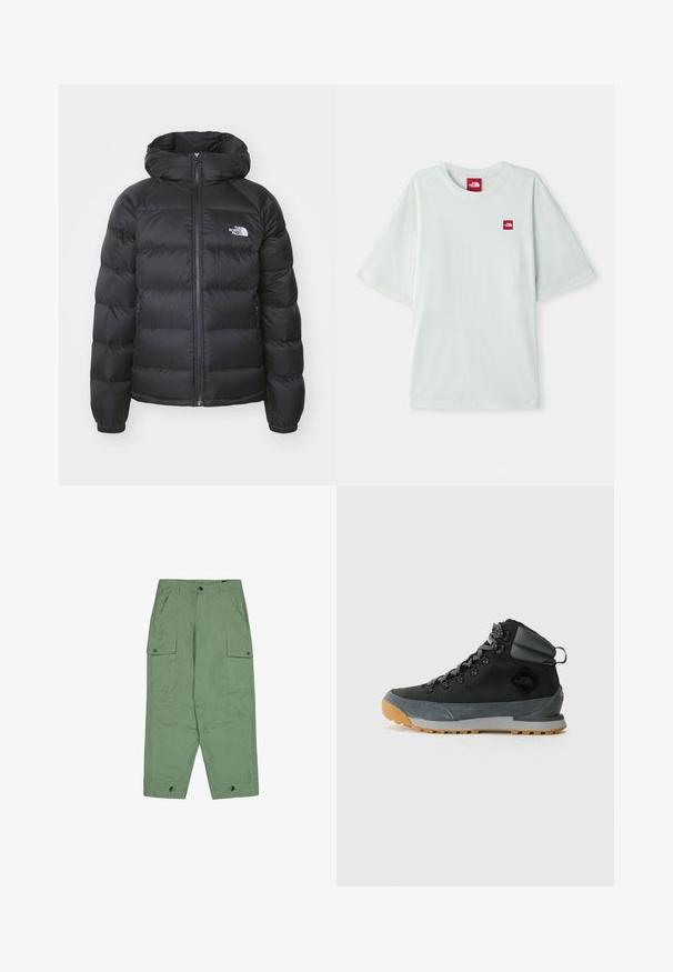 Sort dunjakke med hætte, med lynlåslukning fortil, elastiske håndled og et logo på venstre bryst. Den quiltede tekstur øger isoleringen.; Lysegrøn kortærmet t-shirt lavet af blød bomuld, med et lille rødt logo på venstre brystområde. Løs pasform og rund halsudskæring.; Grøn cargo-bukser med afslappet pasform, to store sidelommer og justerbare ankelmanchetter. Fremstillet af tekstureret bomuldsstof.; Sorte højtop støvler til vandring lavet af tekstureret ruskind og syntetiske materialer, med grå accenter, robust gummisåle og grå snørebånd.