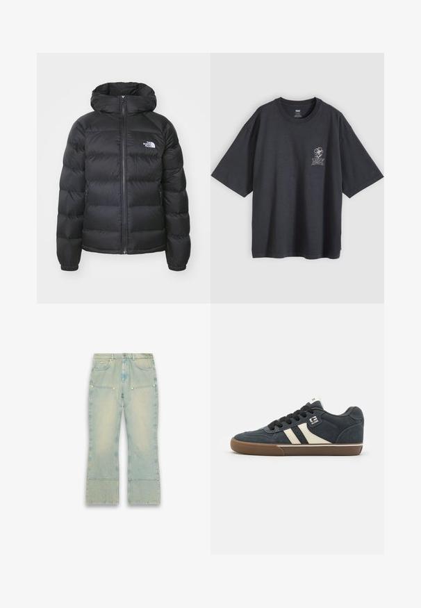 Doudoune noire avec capuche, dotée d'une fermeture éclair à l'avant, de poignets élastiques et d'un logo sur la poitrine gauche. La texture matelassée améliore l'isolation.; T-shirt noir oversize à manches courtes, col rond, avec un petit motif de fleur blanche et du texte sur le côté gauche de la poitrine.; Jean en denim bleu clair délavé avec jambes larges, grandes poches plaquées à l'avant et passants de ceinture standards sur fond blanc.; Baskets en daim bleu foncé avec des rayures crème, lacets noirs et semelle en caoutchouc marron. Comprend un col rembourré et un logo sur le côté.