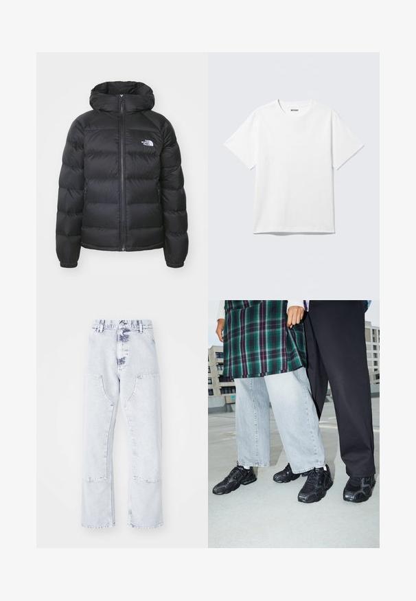 Sort dunjakke med hætte, med lynlåslukning fortil, elastiske håndled og et logo på venstre bryst. Den quiltede tekstur øger isoleringen.; Hvid kortærmet crewneck T-shirt lagt fladt ud, ensfarvet design, med "WEEKDAY" mærkat inde i kraven på en lys baggrund.; Lys blå denim straight-leg jeans med patchlommer, høj talje og en falmet overflade. Har tonede syninger og en afslappet pasform.; Sorte atletik sko med mesh- og gummidetaljer. Båret med lysegrå vide jeans og en ternet grøn bluse. Flad overflade i baggrunden.