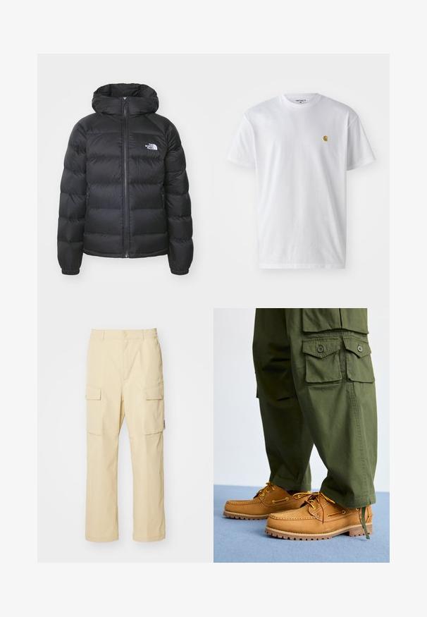 Sort dunjakke med hætte, med lynlåslukning fortil, elastiske håndled og et logo på venstre bryst. Den quiltede tekstur øger isoleringen.; Hvid bomulds t-shirt med korte ærmer, rund hals og et lille guld logo på venstre brystområde. Blød tekstur og almindelig pasform.; Beige cargo bukser lavet af stof med elastisk talje og knaplukning. Har to sidelommer og et enkelt design.; Timberland AUTHENTIC 3 EYE - Sejlersko - wheat