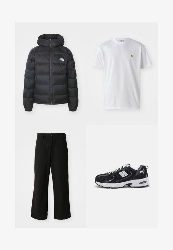 Sort dunjakke med hætte, med lynlåslukning fortil, elastiske håndled og et logo på venstre bryst. Den quiltede tekstur øger isoleringen.; Hvid bomulds t-shirt med korte ærmer, rund hals og et lille guld logo på venstre brystområde. Blød tekstur og almindelig pasform.; Sorte vide benbukser lavet af blødt stof, med frontlommer og en knaplukning i taljen. Minimalistisk design uden synlige mønstre.; Sorte og grå sportssko med mesh og ruskind på overdelen, der har en hvid mellemsål, snørebånd og et iøjnefaldende "N" logo på siden.