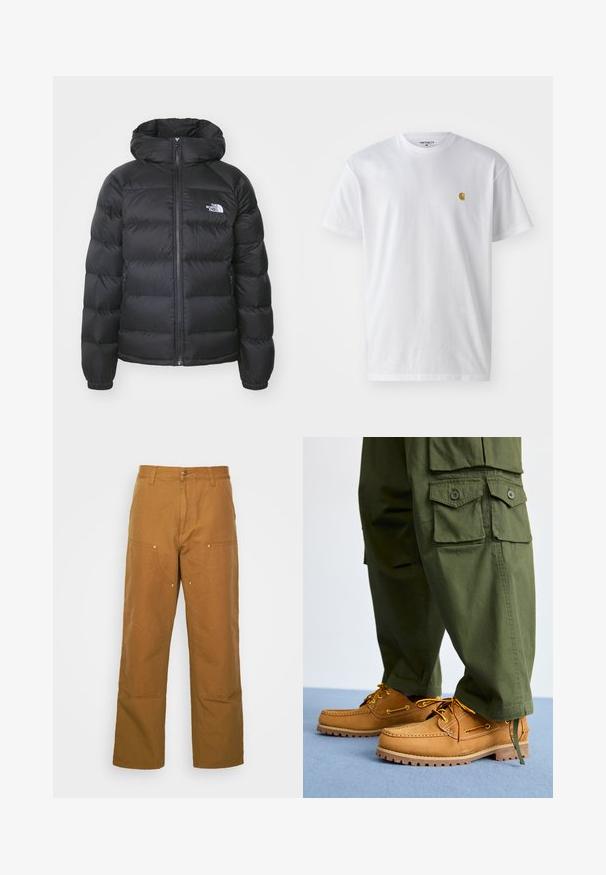 Sort dunjakke med hætte, med lynlåslukning fortil, elastiske håndled og et logo på venstre bryst. Den quiltede tekstur øger isoleringen.; Hvid bomulds t-shirt med korte ærmer, rund hals og et lille guld logo på venstre brystområde. Blød tekstur og almindelig pasform.; Brune bomuldsarbejdsbukser med lige ben-design, der har frontlommer og metalhardware detaljer for ekstra holdbarhed.; Timberland AUTHENTIC 3 EYE - Sejlersko - wheat