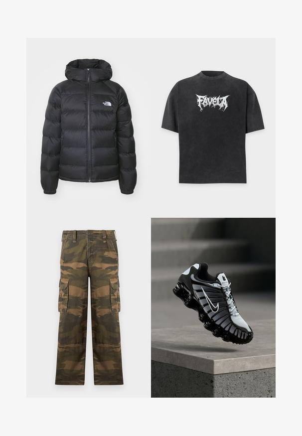 Schwarze Pufferjacke mit Kapuze, ausgestattet mit einem Reißverschluss vorne, elastischen Bündchen und einem Logo auf der linken Brust. Die gesteppte Textur verbessert die Isolierung.; Schwarzes oversized T-Shirt mit kurzen Ärmeln und weißem, stilisiertem Text "FAVELA" zentriert auf der Vorderseite.; Gerade geschnittene Cargo-Hose mit grün-braunem Camouflage-Muster, vorn mit Knopf, Reißverschluss, Gürtelschlaufen und Klappentaschen an jedem Oberschenkel.; Schwarz-weißes Nike-Laufschuh, der über einer Betonoberfläche mit einem gestuften Stein-Hintergrund schwebt.