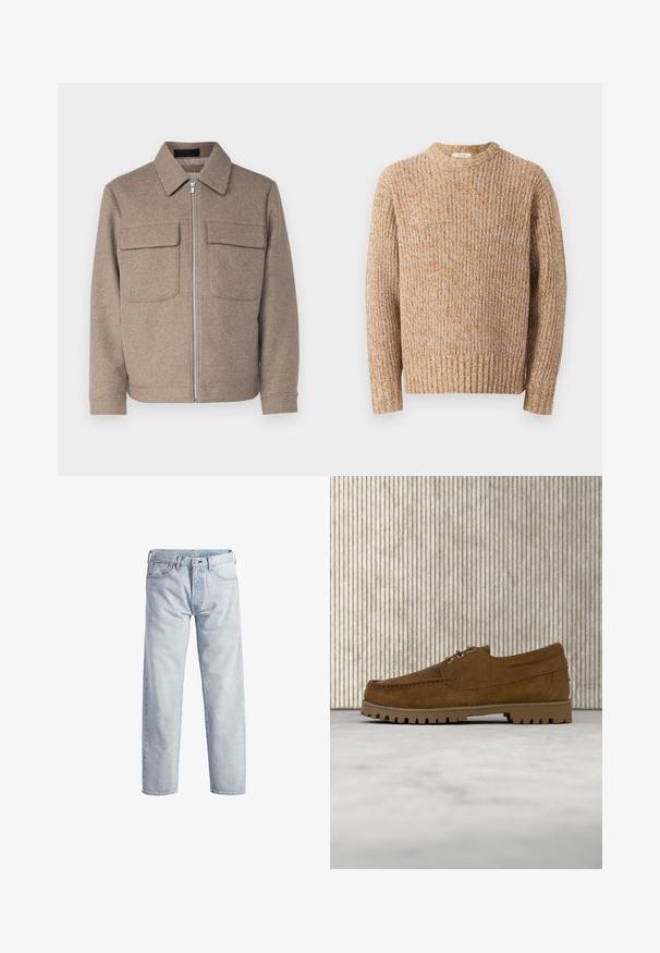 Bruine wollen jas met een klassieke kraag, een rits aan de voorkant en twee borstzakken. Beschikt over een gestructureerde stof en een getailleerd silhouet.; Gebreide trui in beige en oranje tinten, met een textuurribbelpatroon, ronde halslijn en lange mouwen met een rechte zoom.; Lichtblauwe denim jeans met een rechtstaand ontwerp, knopenfly, vijf zakken en een subtiele vervaagde textuur. Voorzien van metalen hardware accenten.; Bruine suède veterschoen met dikke geribbelde zool, zwevend boven een beige tapijt, met een bruine ovaalvormige tafel op de achtergrond.