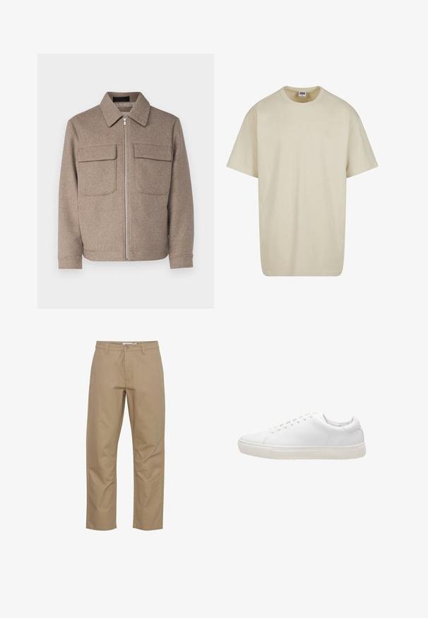 Bruine wollen jas met een klassieke kraag, een rits aan de voorkant en twee borstzakken. Beschikt over een gestructureerde stof en een getailleerd silhouet.; Lichtbeige katoenen T-shirt met korte mouwen, een ronde hals en een losse pasvorm. De stof oogt glad zonder zichtbare patronen of accenten.; Beige katoenen broek met een rechte pijp, voorzien van een knoop- en ritsluiting aan de voorkant, zijzakken en een nette afwerking.; Witte leren sneaker met een gladde textuur, ronde neus, vetersluiting en een platte rubberen zool. Minimalistisch ontwerp zonder zichtbare patronen.