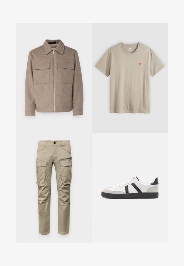 Bruine wollen jas met een klassieke kraag, een rits aan de voorkant en twee borstzakken. Beschikt over een gestructureerde stof en een getailleerd silhouet.; Beige katoenen T-shirt met korte mouwen, ronde hals en klein rood Levi's-logo op de linkerborst. Glad textuur, casual ontwerp.; Beige cargobroek gemaakt van een katoenmix, met meerdere zakken, een ritssluitingzak op de dij en een rechte pijpdesign.; Witte sneaker met zwarte en grijze accenten, voorzien van een grijze neus met textuur, zwarte rubberen zool en platte witte veters. Schoon ontwerp, minimalistische stijl.