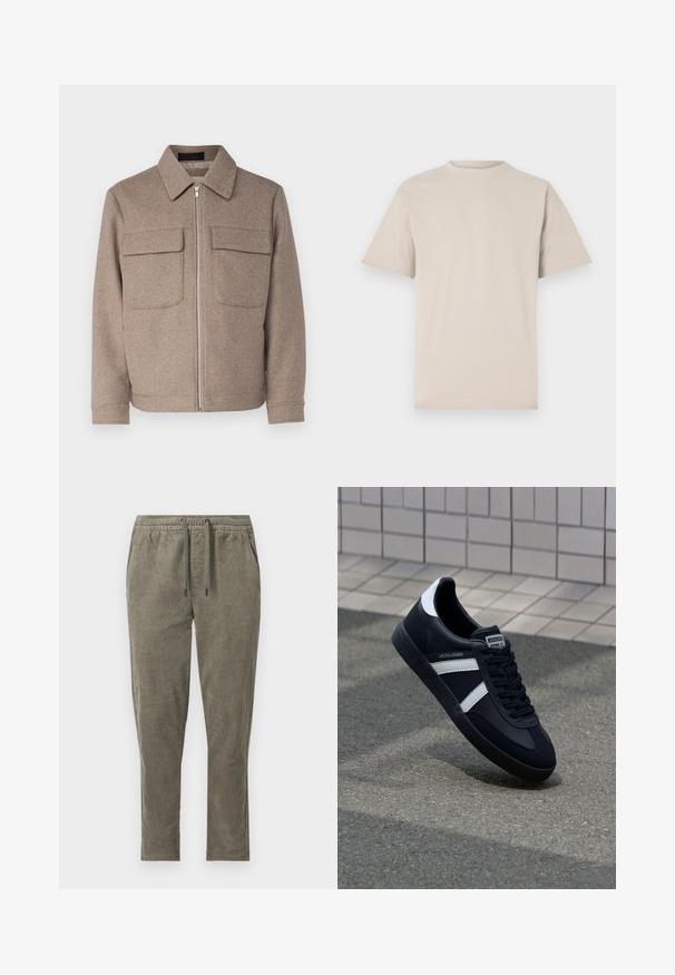 Bruine wollen jas met een klassieke kraag, een rits aan de voorkant en twee borstzakken. Beschikt over een gestructureerde stof en een getailleerd silhouet.; Beige t-shirt met korte mouwen, ronde hals, gemaakt van een gladde katoenstof, met een relaxed fit en zonder zichtbare patronen of versieringen.; Olijfgroene corduroy broek met elastische tailleband en trekkoord, met zijzakken en rechte pijpen.; Zwarte leren sneaker met witte strepen, een gestructureerde rubberen zool en vetersluiting aan de voorkant. Voorzien van een merklabel op de tong.