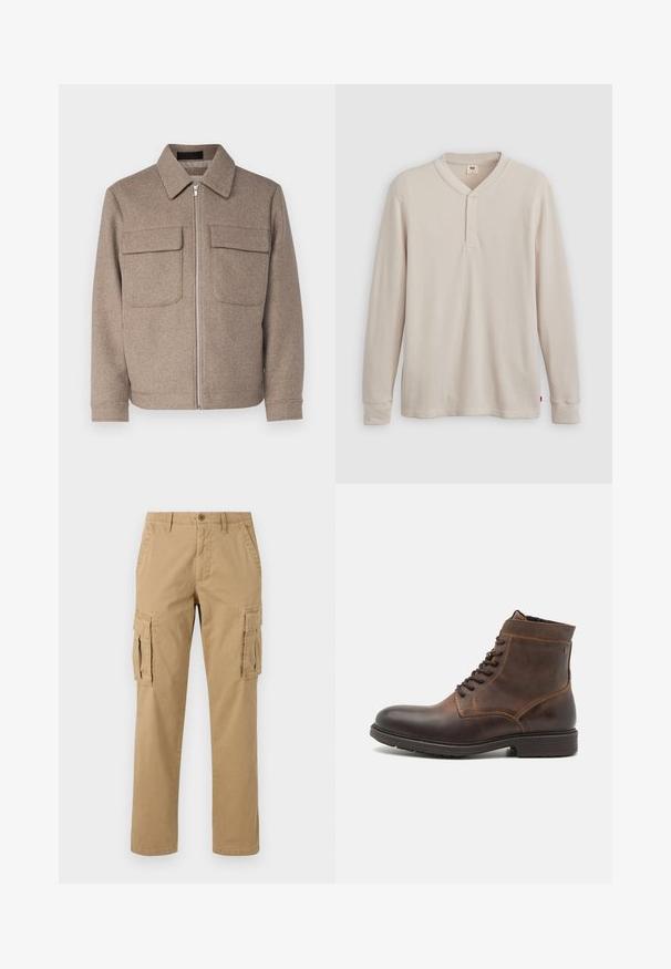Bruine wollen jas met een klassieke kraag, een rits aan de voorkant en twee borstzakken. Beschikt over een gestructureerde stof en een getailleerd silhouet.; Lange mouwen henley-shirt in lichtbeige ribbelstof, met een V-hals, een drieknoopsluiting en manchetten. Rode logo-label aan de onderkant.; Beige cargobroeken met twee zijzakken, een knoopsluiting, rechte pijpen en een zachte, getextureerde stof.; Jack & Jones JFWDELANEY BOOT - Veterboots - cognac