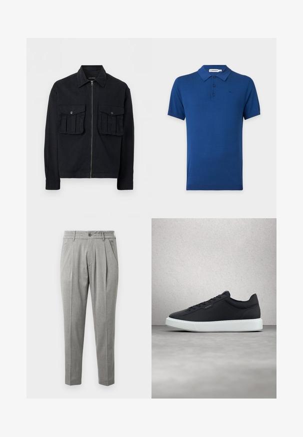 Veste noire à fermeture éclair avec deux grandes poches avant à rabat et boutons, manches longues et col pointu, présentée sur fond blanc.; Polo bleu à manches courtes avec trois boutons et un col, présenté sur un fond gris clair.; Pantalon gris texturé avec une coupe ajustée, comprenant deux plis devant, une fermeture par bouton et des jambes fuselées.; Baskets en cuir navy avec une semelle en caoutchouc blanc, bout rond, lacets plats et un discret détail de marque sur le côté. Surface texturée.