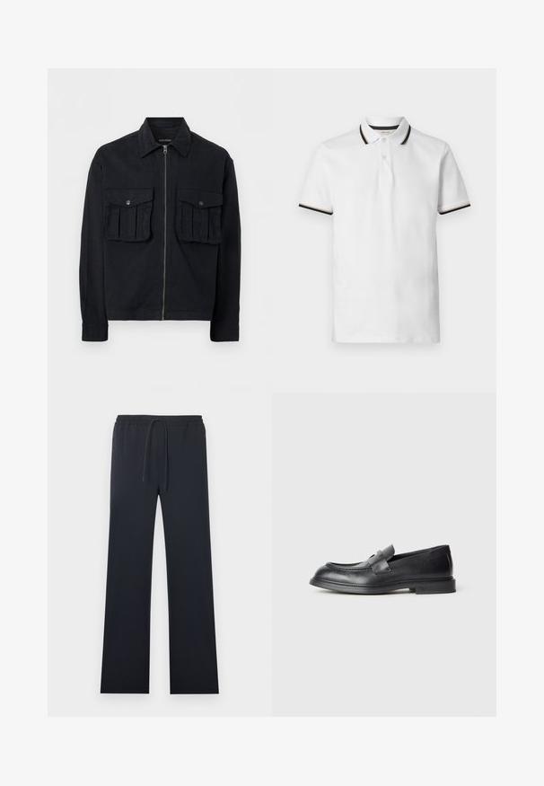 Veste noire à fermeture éclair avec deux grandes poches avant à rabat et boutons, manches longues et col pointu, présentée sur fond blanc.; Polo blanc à manches courtes avec rayures noires et beiges sur le col et les bords des manches, patte à deux boutons et tissu en coton doux.; Pantalon noir droit avec taille élastique et cordon de serrage ajustable, doté de poches latérales à fermeture éclair.; Mocassins en cuir noir avec une finition texturée, dotés d'une bride décorative à l'avant et d'un bout arrondi. Semelle en caoutchouc pour plus de durabilité.