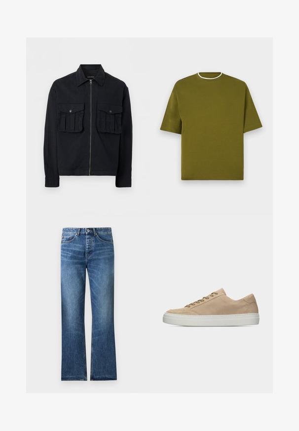 Veste noire à fermeture éclair avec deux grandes poches avant à rabat et boutons, manches longues et col pointu, présentée sur fond blanc.; T-shirt vert olive à manches courtes avec un col rond. Le tissu semble lisse et a une coupe décontractée. Présente un ourlet de cou blanc contrastant.; Jean en denim bleu avec une coupe droite, cinq poches, fermeture par bouton et zip, et légère décoloration sur les cuisses et les genoux.; Baskets basses en daim beige avec lacets beiges et une semelle en caoutchouc blanche épaisse, vues de profil sur un fond blanc uni.