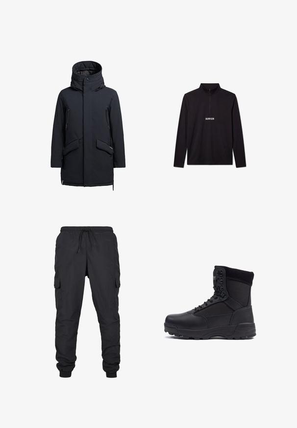 khujo CARL - Vinterfrakke - dunkelblau; Sort Calvin Klein pullover med lange ærmer, kvart lynlås og hvidt logo trykt på brystet.; Sorte cargo bukser med elastisk talje og snoretræk, med sidelommer og manchetter. Lavet af let og holdbart stof.; Sort taktisk støvle med en glat læderoverdel og stofpaneler, høj ankeldesign, snørebånd foran og slidstærk gummisål.
