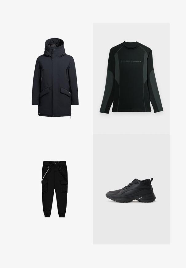 khujo CARL - Vinterfrakke - dunkelblau; Sort langærmet skjorte med høj krave, lavet af tekstureret stof. Har grå sidepaneler og "NIKE TECH" logo over brystet.; Sorte cargo bukser lavet af letvægtsstof, med to sidelommer, en elastisktalje og justerbare ankelmanchetter.; Sorte atletikskøjter lavet af syntetisk materiale. Har en polstret krave, rund tå, robust ydersål med godt greb og detaljer med mærkelogo.