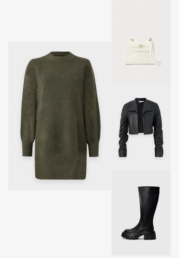 Sort cropped jakke lavet af glat læder. Har en bred krave og rynkede ærmer, hvilket giver en tætsiddende silhuet og moderne design.; Langærmet olivengrøn strikkjole med ribbede rundhals, manchetter og kant.; Sorte knæhøje støvler lavet af glat læder med en kraftig sål, der har en rund tå, elastiske sidepaneler og en subtil syning.; Hvid læderhåndtaske med en struktureret form, top håndtag, aftagelig skulderrem og en sølv spænde lukning. Glat tekstur, minimalistisk design.