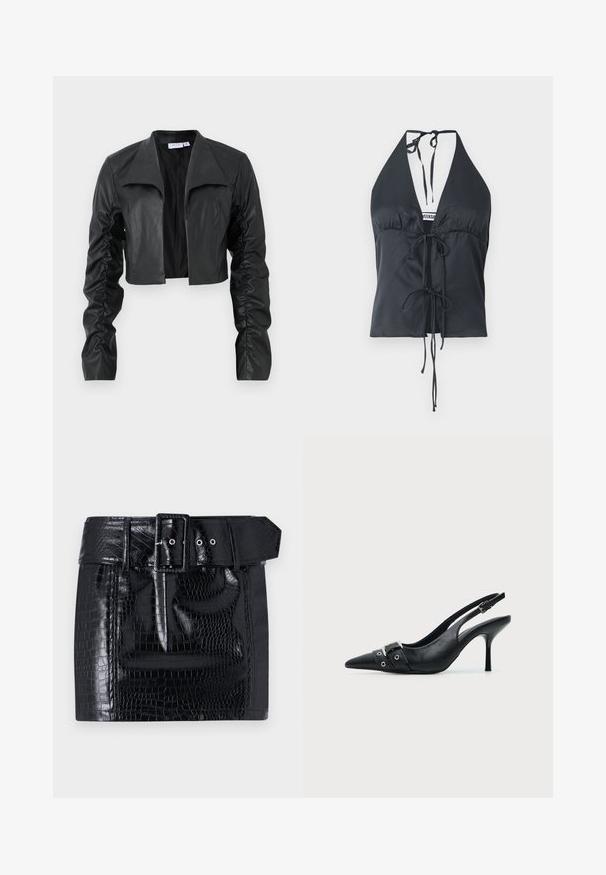 Sort cropped jakke lavet af glat læder. Har en bred krave og rynkede ærmer, hvilket giver en tætsiddende silhuet og moderne design.; Sort halterneck top lavet af glat stof, med en dyb V-udskæring, samlede for og justerbare snorelukninger ved halsen og taljen.; Sort faux læder mini nederdel med krokodillemønster, bredt bælte med firkantet spænde og trykknapdetalje i taljen.; Sort læder højhælet sko med spidst tåparti, slingback og rem med spænde og nitter foran.