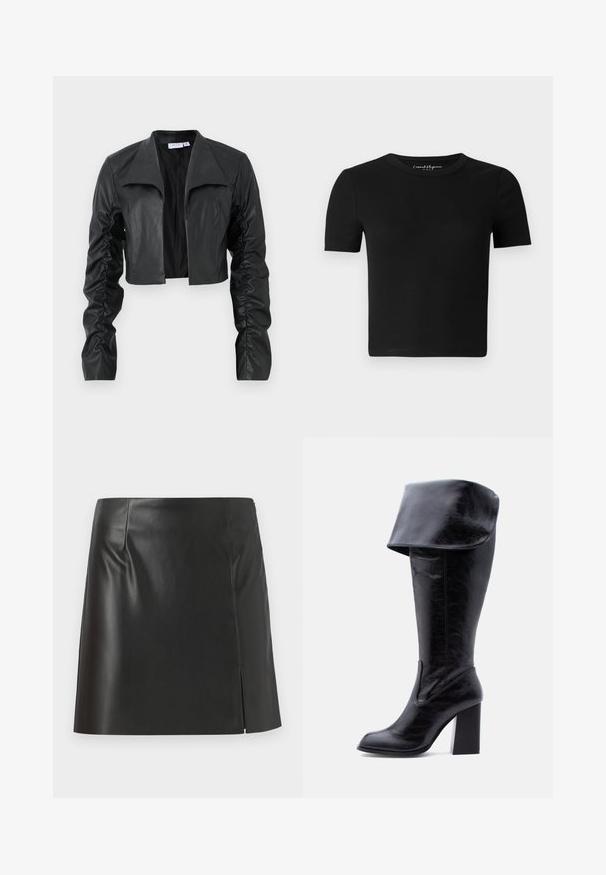 Sort cropped jakke lavet af glat læder. Har en bred krave og rynkede ærmer, hvilket giver en tætsiddende silhuet og moderne design.; Sort tætsiddende T-shirt med korte ærmer, ribbet tekstur og rund halsudskæring. Simpelt design uden synlige logoer eller pynt.; Sorte læder miniskirt med lige snit, glat tekstur og lynlås på siden med en splitdetalje på den ene side.; Høj sort læderstøvle med hæl, foldet kant og rund tå, stående oprejst på en hvid baggrund.